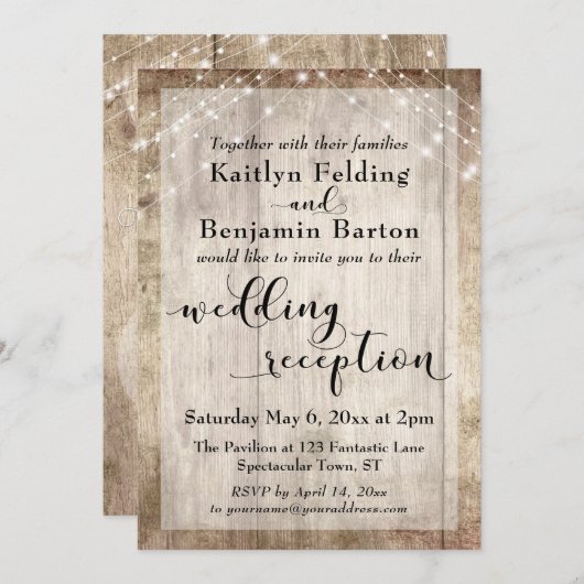 Trouwreceptie "Pale Rustic Wood and Lights" alleen Kaart (Voorkant / Achterkant)