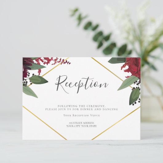 Trouwreceptie | Rijk Burgundy Marsala Bloemen Informatiekaartje (Staand voorkant)