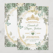 Trouwreceptie Sage Green Gold Crown Butterfly Kaart (Voorkant / Achterkant)