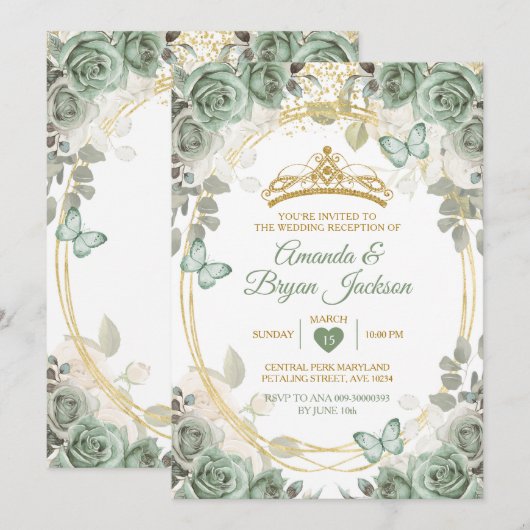 Trouwreceptie Sage Green Gold Crown Butterfly Kaart (Voorkant / Achterkant)
