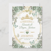 Trouwreceptie Sage Green Gold Crown Butterfly