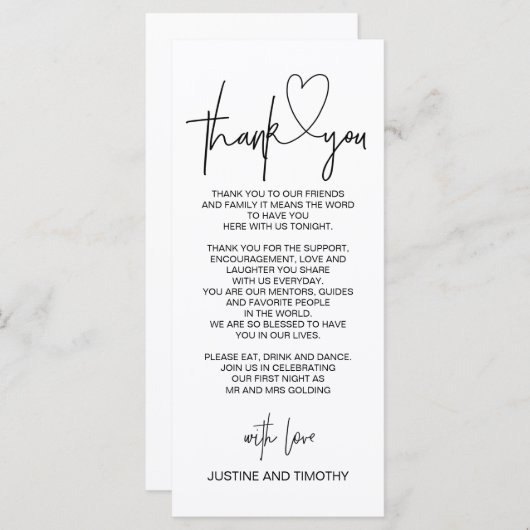 Trouwreceptie tafel Dank u plaats instelling Menu (Voorkant / Achterkant)