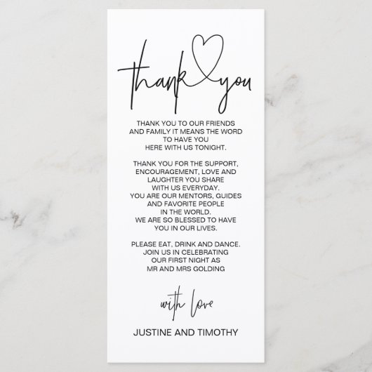 Trouwreceptie tafel Dank u plaats instelling Menu (Voorkant)