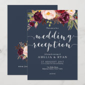 Trouwreceptie uitnodiging met Navy Bourgondië bloe (Voorkant / Achterkant)