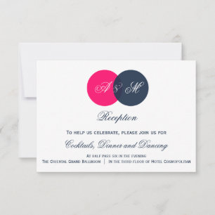 Trouwreceptiekaart met marineblauwe en roze monogr kaart