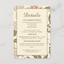 Trouwreizen en accommodatie in vintage bloemstijl informatiekaartje