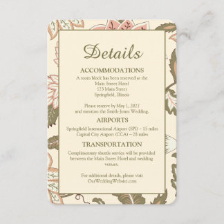Trouwreizen en accommodatie in vintage bloemstijl informatiekaartje