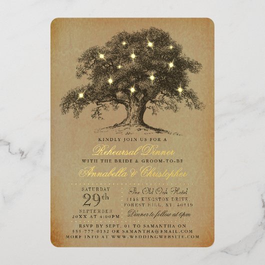 Trouwrepetitie diner onder een oude eikenboom folie uitnodiging (Voorkant)