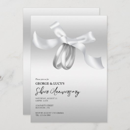 Trouwringen & Bow Silver Bruiloft Jubileum Kaart (Voorkant / Achterkant)