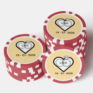 Trouwringen in een hart met datum en initialen poker chips