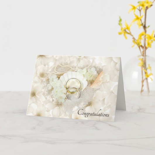 Trouwringen in Seashell op zand Kaart (Gele Bloem)