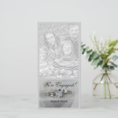 Trouwringen op grijze verlovingsaankondiging aankondiging (Staand voorkant)