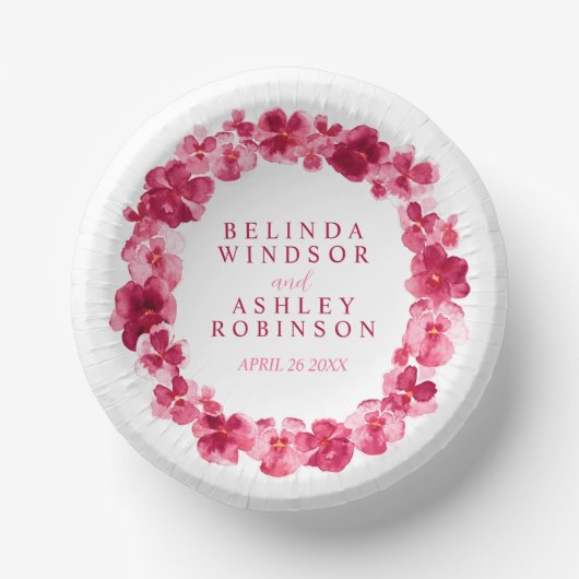 Trouwrode roze aquarel viooltjeskrans op maat papieren kommen (Voorkant)