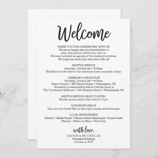 Trouwrouwroute - huwelijkswelkomstbrief programmakaart (Voorkant / Achterkant)