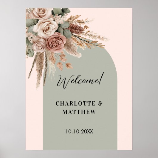 Trouwroze boogsalie groene taupe pampas rozen poster (Voorkant)