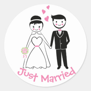 Trouwroze Bruid & Bruidegom Cartoon Net Getrouwd Ronde Sticker