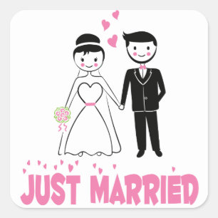 Trouwroze Bruid & Bruidegom Cartoon Net Getrouwd Vierkante Sticker