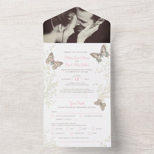 Trouwroze bruine vlinders foto maaltijd RSVP All In One Uitnodiging (Binnen)