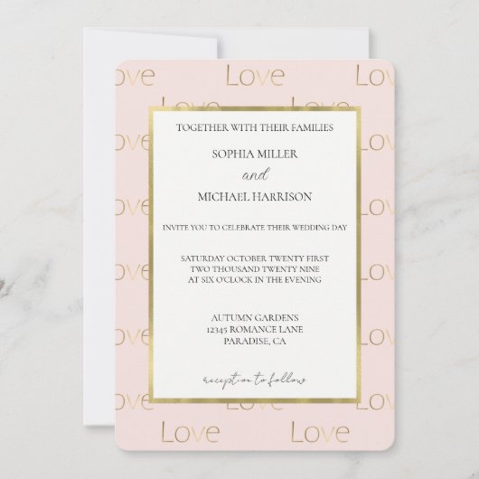 Trouwroze Roze Goud Liefde Wit Bruiloft Kaart (Voorkant)