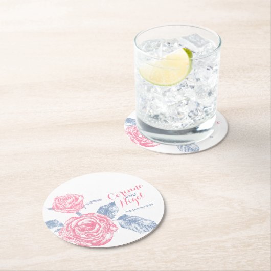 Trouwroze rozen inkt tekening papier onderzetters (Insitu)