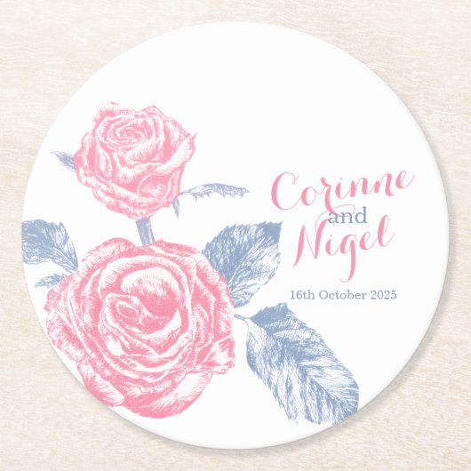 Trouwroze rozen inkt tekening papier onderzetters (Voorkant)