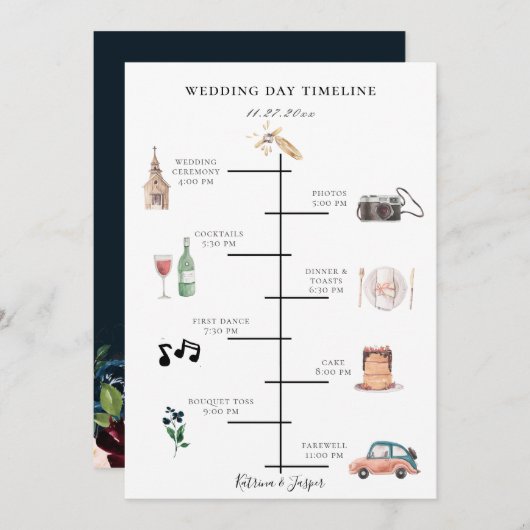 Trouwschema met Navy Blauwe Bloem Illustratie Programmakaart (Voorkant / Achterkant)