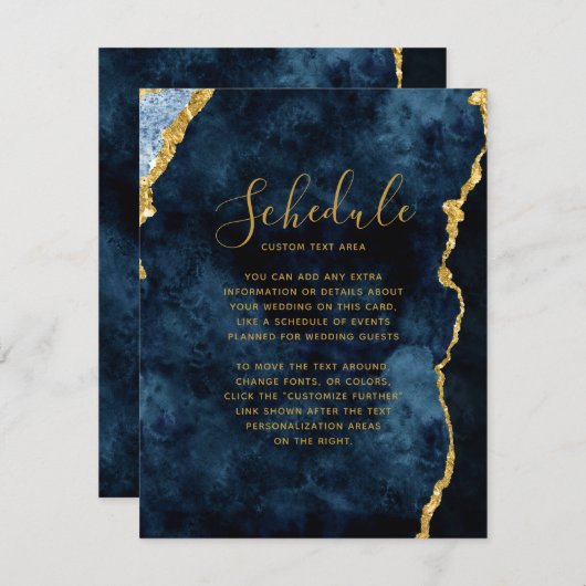 Trouwschema met Navy Blauwe Gouden Folie Agate Mar Kaart (Voorkant / Achterkant)