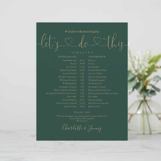 Trouwschema-timeline in Emerald Gold Script (Staand voorkant)