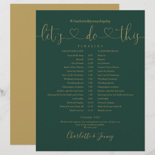 Trouwschema-timeline in Emerald Gold Script (Voorkant / Achterkant)