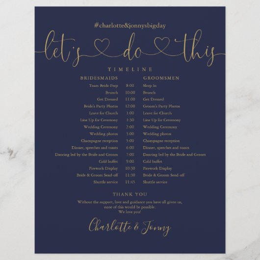 Trouwschema Trouwdag Schema Navy Goud Hart Lettert (Voorkant)