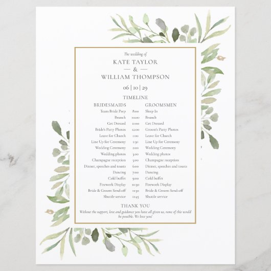 Trouwschema Trouwdag Watercolor Bloemen (Voorkant)