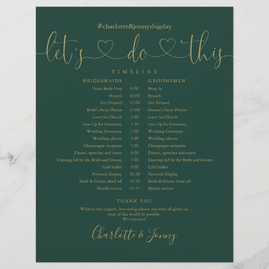 Trouwschema Trouwtijdlijn Emerald Goud Script (Voorkant)