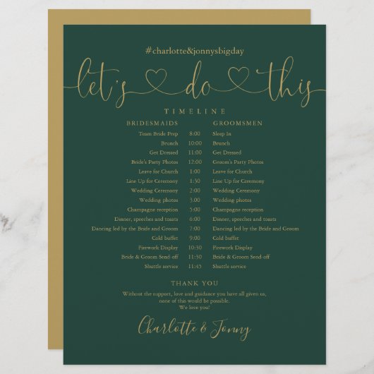 Trouwschema Trouwtijdlijn Emerald Goud Script (Voorkant / Achterkant)