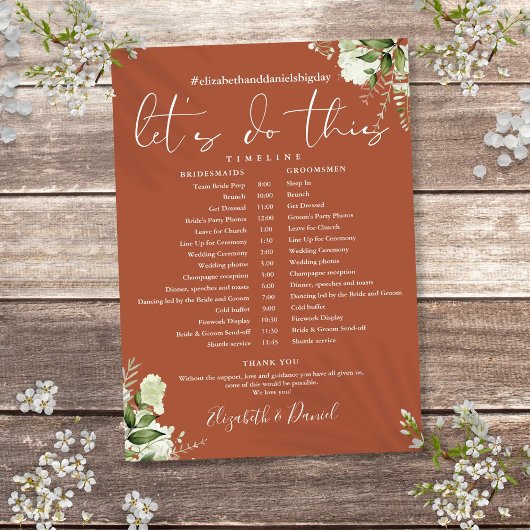 Trouwschema Trouwtijdlijn in Terracotta en Groene  Programmakaart