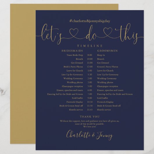 Trouwschema Trouwtijdlijn Navy Goud Hart Script (Voorkant / Achterkant)
