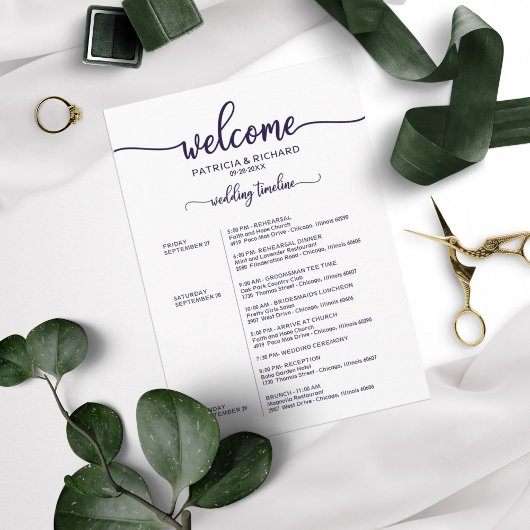 Trouwschema weekend Elegant Chic Navyblauw Kaart