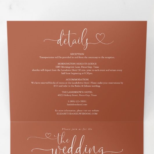 Trouwscript met terracotta hart drieluik uitnodiging (Binnenzijde eerst)