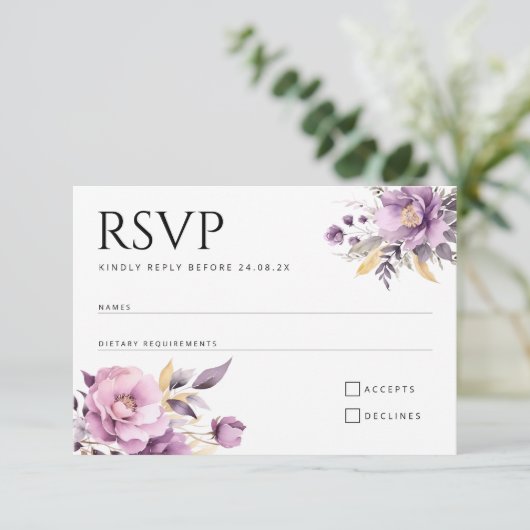 Trouwsierlijke lila bloemen RSVP (Staand voorkant)