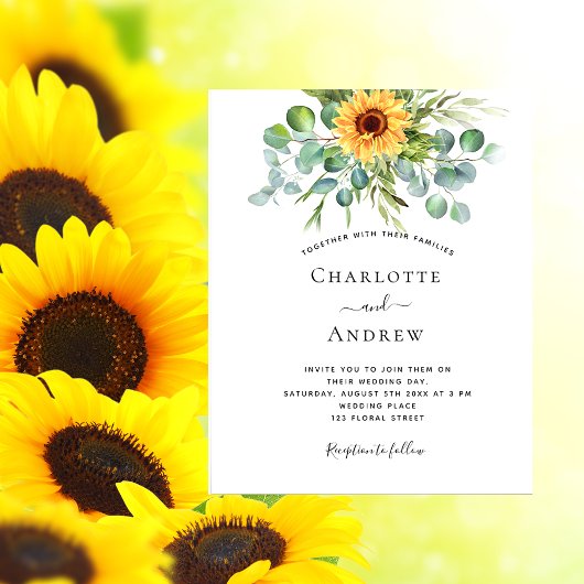 Trouwsonnebloemen eucalyptus budget uitnodiging flyer