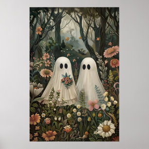 Trouwspookbeelden in bloemenbos-kunstprint, donker poster