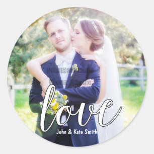 Trouwsticker 'LOVE' met witte typografie Ronde Sticker