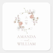 Trouwsticker met bloemendesign en monogram vierkante sticker (Voorkant)