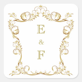 Trouwsticker met monogram van koppel in goud vierkante sticker