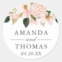 Trouwsticker met Roze Hortensia Bloemen Ronde Sticker