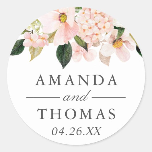 Trouwsticker met Roze Hortensia Bloemen Ronde Sticker (Voorkant)