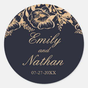 Trouwsticker met vintage gouden marinebloemen ronde sticker