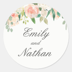 Trouwsticker met waterverf bloemmotief in roze per ronde sticker