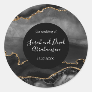 Trouwsticker Zwart en Goud Glitter Agaat Ronde Sticker