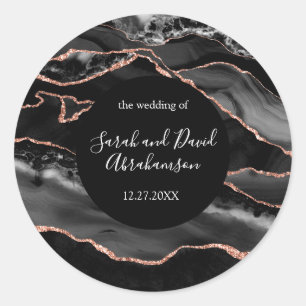Trouwsticker Zwart en Roze Goud Glitter Agate Ronde Sticker