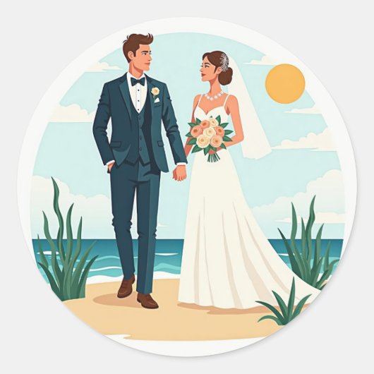 Trouwstickers aan zee ronde sticker (Voorkant)
